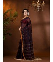 Traditional Pure Handloom Cotton Saree Leaf Woven Design Without Blouse Piece (Brown)