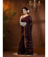 Traditional Pure Handloom Cotton Saree Leaf Woven Design Without Blouse Piece (Brown)