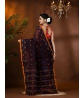 Traditional Pure Handloom Cotton Saree Leaf Woven Design Without Blouse Piece (Brown)