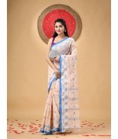 Traditional Pure Handloom Cotton Saree Leaf Woven Design Without Blouse Piece (Light Peach)