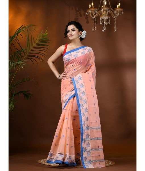 Traditional Pure Handloom Cotton Saree Leaf Woven Design Without Blouse Piece (Deep Peach)