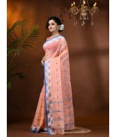 Traditional Pure Handloom Cotton Saree Leaf Woven Design Without Blouse Piece (Deep Peach)