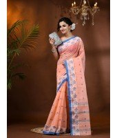 Traditional Pure Handloom Cotton Saree Leaf Woven Design Without Blouse Piece (Deep Peach)