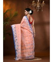 Traditional Pure Handloom Cotton Saree Leaf Woven Design Without Blouse Piece (Deep Peach)