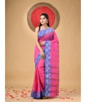 Traditional Pure Handloom Cotton Saree Leaf Woven Design Without Blouse Piece (Pink)