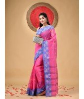 Traditional Pure Handloom Cotton Saree Leaf Woven Design Without Blouse Piece (Pink)