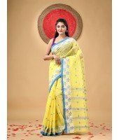 Traditional Pure Handloom Cotton Saree Leaf Woven Design Without Blouse Piece(Yellow)