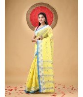 Traditional Pure Handloom Cotton Saree Leaf Woven Design Without Blouse Piece(Yellow)