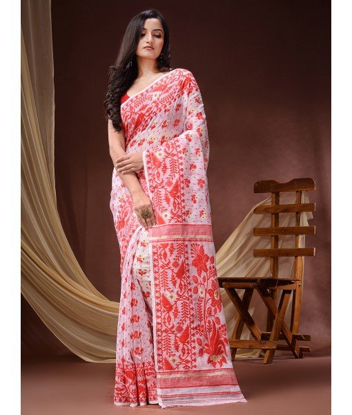  Phulkari Resham Dhakai jamdani Bengal Pure Cotton Handloom Saree Whole Body Design without Blouse Piece (Red White)