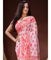  Phulkari Resham Dhakai jamdani Bengal Pure Cotton Handloom Saree Whole Body Design without Blouse Piece (Red White)