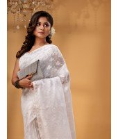 Phulkari Resham Dhakai jamdani Bengal Pure Cotton Handloom Saree Whole Body Design without Blouse Piece (White)