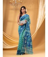  Phulkari Resham Dhakai jamdani Bengal Pure Cotton Handloom Saree Whole Body Design without Blouse Piece (Firoza Blue)