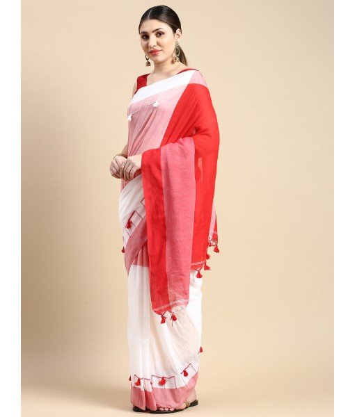  Handloom Tant Pure Cotton Saree Pompom Desigined With Blouse Piece (Red White)