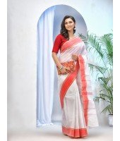  Bengal Tant Aradhana Pure Handloom Cotton Saree Without Blouse Piece (White Red)