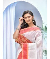  Bengal Tant Aradhana Pure Handloom Cotton Saree Without Blouse Piece (White Red)