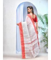  Bengal Tant Aradhana Pure Handloom Cotton Saree Without Blouse Piece (White Red)