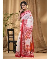 Cotton Handloom Saree Uma Ganesh Printed Design Handloom Saree with Blouse Piece(Orange Red White)