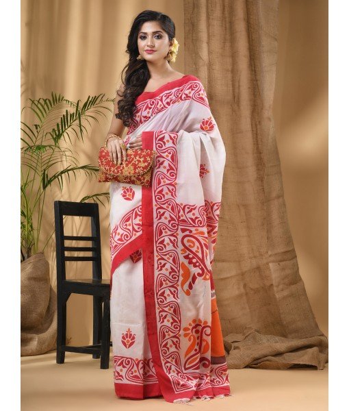 Cotton Handloom Saree Uma Ganesh Printed Design Handloom Saree with Blouse Piece(Orange Red White)