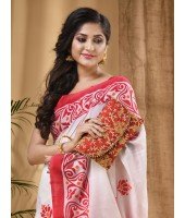 Cotton Handloom Saree Uma Ganesh Printed Design Handloom Saree with Blouse Piece(Orange Red White)