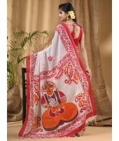 Cotton Handloom Saree Uma Ganesh Printed Design Handloom Saree with Blouse Piece(Orange Red White)