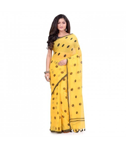 dB DESH BIDESH Women`s Traditional Soft Mulmul Polka Dots Design Pure Cotton Handloom Saree Without Blouse Piece Yellow Black