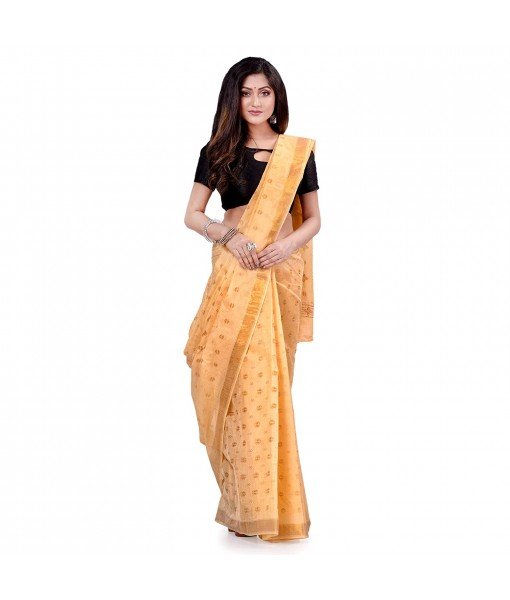 dB DESH BIDESH Women`s Bengal Tant Kerala Print Design Pure Handloom Cotton Saree Without Blouse Piece Golden