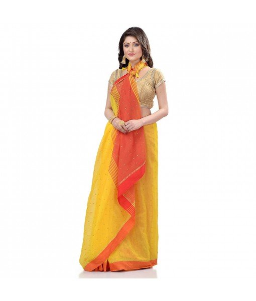 dB DESH BIDESH Women`s Tant Silk Handloom Cotton Saree Sequence Work With Blouse Piece (Yellow Red)