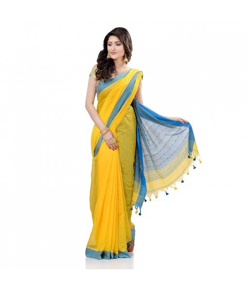 dB DESH BIDESH Women`s Tant Silk Handloom Cotton Saree Sequence Work With Blouse Piece Yellow Blue