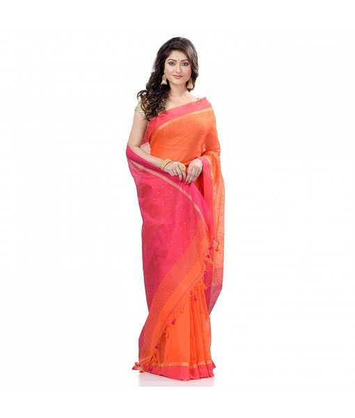 dB DESH BIDESH Women`s Tant Silk Handloom Cotton Saree Sequence Work With Blouse Piece (Orange Pink)