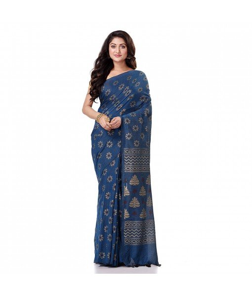 dB DESH BIDESH Women`s Bengal Tant Abhrak Work Design Soft Pure Handloom Cotton Saree With Blouse Piece Prussian Blue