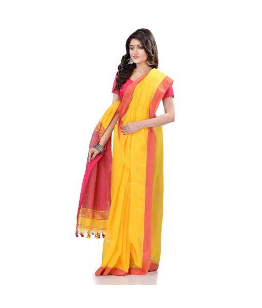 dB DESH BIDESH Women`s Tant Silk Handloom Cotton Saree Sequence Work With Blouse Piece (Yellow Pink)