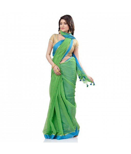 dB DESH BIDESH Women`s Tant Silk Handloom Cotton Saree Sequence Work With Blouse Piece (Green Blue)