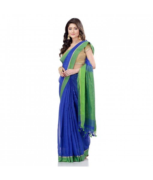 dB DESH BIDESH Women`s Tant Silk Handloom Cotton Saree Sequence Work With Blouse Piece Deep Blue Green