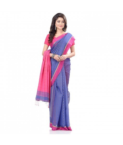 dB DESH BIDESH Women`s Tant Silk Handloom Cotton Saree Sequence Work With Blouse Piece (Blue Pink)