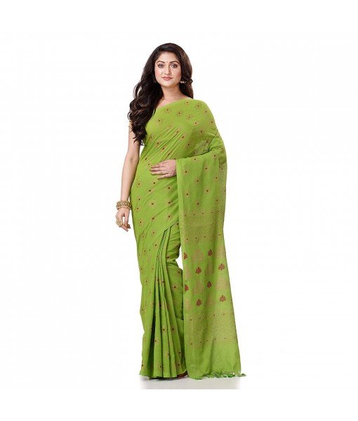 dB DESH BIDESH Women`s Bengal Tant Abhrak Work Design Soft Pure Handloom Cotton Saree With Blouse Piece (Green)