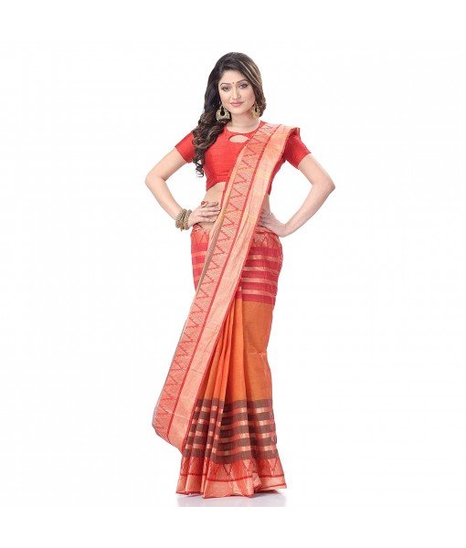 dB DESH BIDESH Women`s Traditional Bengal Tant 3D Temple Design Handloom Pure Cotton Saree Without Blouse Piece Orange Red