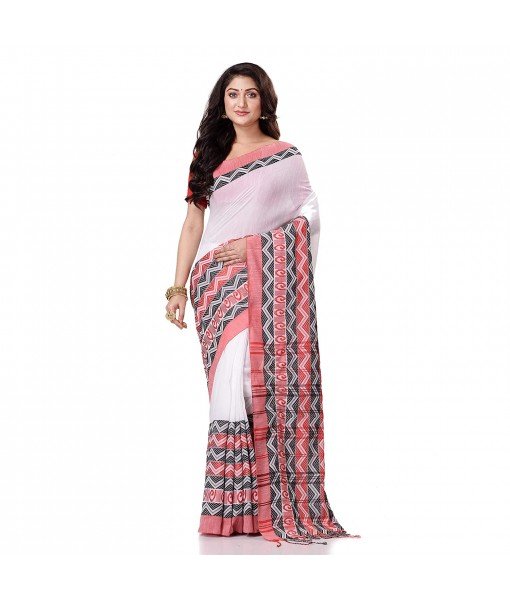 Bengal Soft Cotton Women`s Traditional Bengali Chakra Begampuri Pure Handloom Cotton Saree With Blouse Piece White