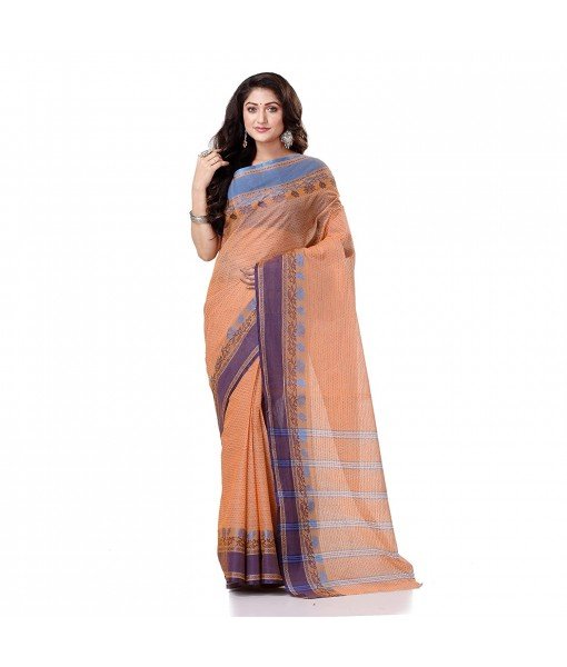 Bengal Soft Cotton Women`s Traditional Bengal Tant Pure Handloom Cotton Saree Jol Torongo Woven Design Without Blouse Piece Orange Blue