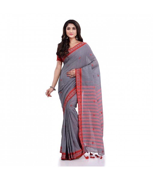 DESH BIDESH Women`s Traditional Bengali Tant Handloom Cotton Saree Galaxi Design With Blouse Piece(Grey)