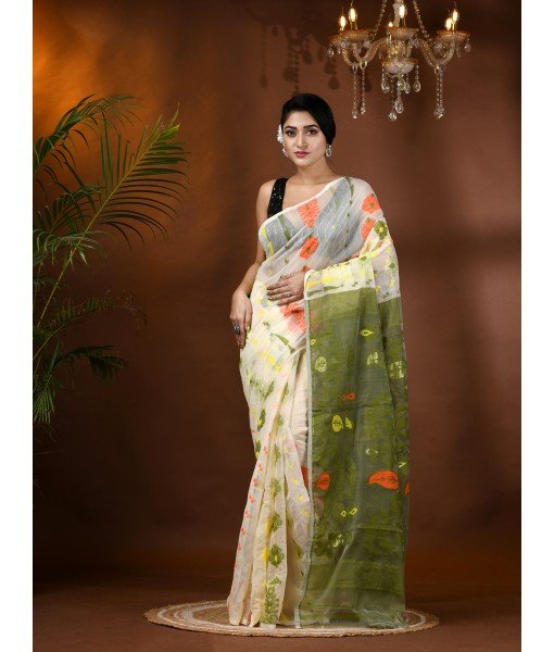 Resham Dhakai Jamdani Cotton Handloom Saree Aam Kolka Design Jamdani Saree(White Green)