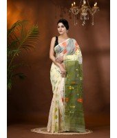 Resham Dhakai Jamdani Cotton Handloom Saree Aam Kolka Design Jamdani Saree(White Green)