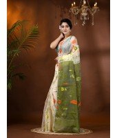 Resham Dhakai Jamdani Cotton Handloom Saree Aam Kolka Design Jamdani Saree(White Green)