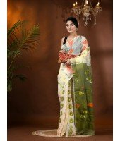 Resham Dhakai Jamdani Cotton Handloom Saree Aam Kolka Design Jamdani Saree(White Green)