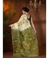 Resham Dhakai Jamdani Cotton Handloom Saree Aam Kolka Design Jamdani Saree(White Green)