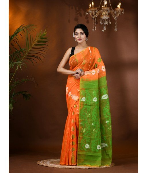 Resham Dhakai Jamdani Cotton Handloom Saree Aam Kolka Design Jamdani Saree (Orange Green)