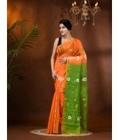 Resham Dhakai Jamdani Cotton Handloom Saree Aam Kolka Design Jamdani Saree (Orange Green)