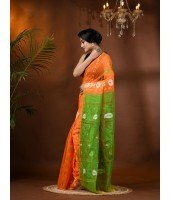 Resham Dhakai Jamdani Cotton Handloom Saree Aam Kolka Design Jamdani Saree (Orange Green)