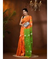 Resham Dhakai Jamdani Cotton Handloom Saree Aam Kolka Design Jamdani Saree (Orange Green)