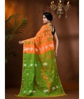 Resham Dhakai Jamdani Cotton Handloom Saree Aam Kolka Design Jamdani Saree (Orange Green)