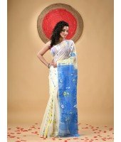 Resham Dhakai Jamdani Cotton Handloom Saree Aam Kolka Design Jamdani Saree (White Blue)